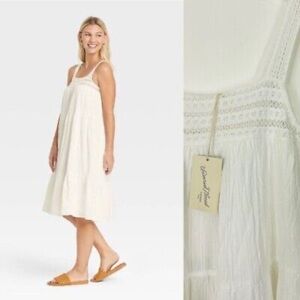 100% Cotton Summer Crochet Trim Dress -White Sleeveless